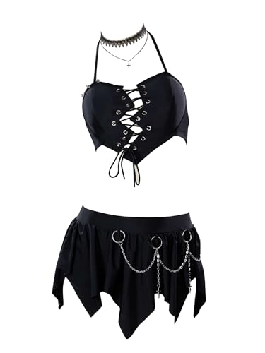 MEOWCOS Goth Bikini Halter Neck Swimsuit Broken Heart Gothic Bathing Suit