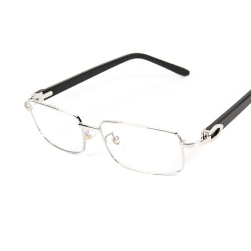 Image of Retro 90's Luxury Men's Classic Rectangle Full Silver Metal Frame Eye Glasses Vintage Black Arm Square Hip Hop Clear Lens Eye Glasses For Men