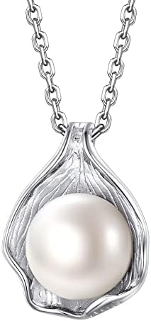 Bestyle Freshwater Pearl Necklaces for Women -White Cultured Pearl Pendant with Silver Flower/Olive Leaf/Shell/CZ Halo Design, Dainty Elegant Pearl Jewelry for Mom Wife Daughter Her