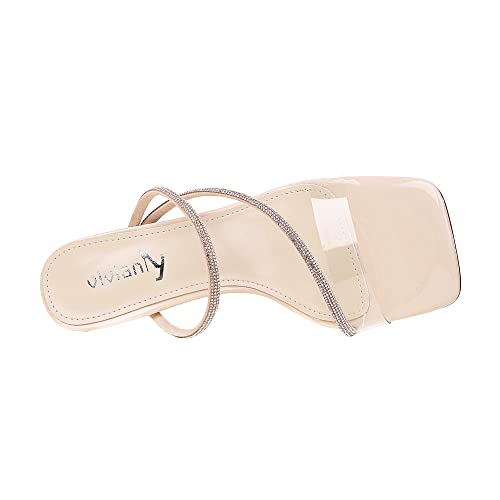 Vivianly Womens Square Toe Clear Rhinestone Strappy Heeled Sandals Transparent Block High Heels Slides Slipper Wedding Dress Size 8 #TOP6