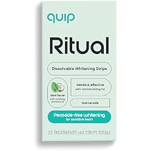 شرائط تبييض الأسنان القابلة للذوبان من Quip Ritual، 20 علاجًا، خالية من البيروكسيد للأسنان الحساسة، تبييض لطيف لمدة 15 دقيقة، بنكهة النعناع مع زيت جوز الهند، 40 شريطًا