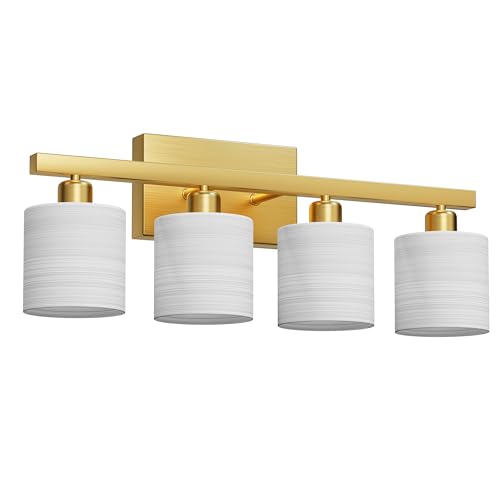 PARTPHONER Bathroom Light Fixtures, Bathroom Lighting Fixtures Over Mirror, Interior Classic Vanity Lights, Modern Vanity Light with Textured White Glass Shade, Brushed Gold, 4-Light