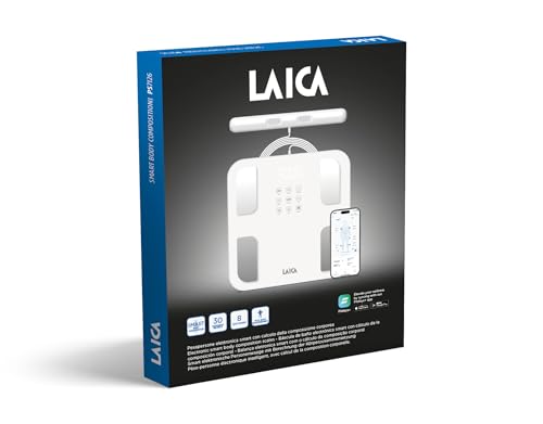 LAICA Báscula personal Smart, rastrea 30 parámetros corporales, 8 electrodos, composición corporal completa, IMC, masa muscular y más, sincronización con la aplicación Fitdays+, soporte multiusuario