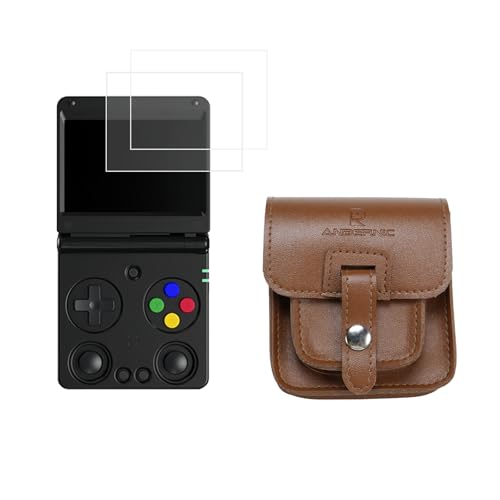 Pidynx Schutzanzug für Anbernic RG34XXSP - Tragetasche & 2 Stück gehärtetes Glas Displayschutzfolie Set - Premium PU Leder Retro Hülle & 9H HD Schutzfolie Tragbares Bundle