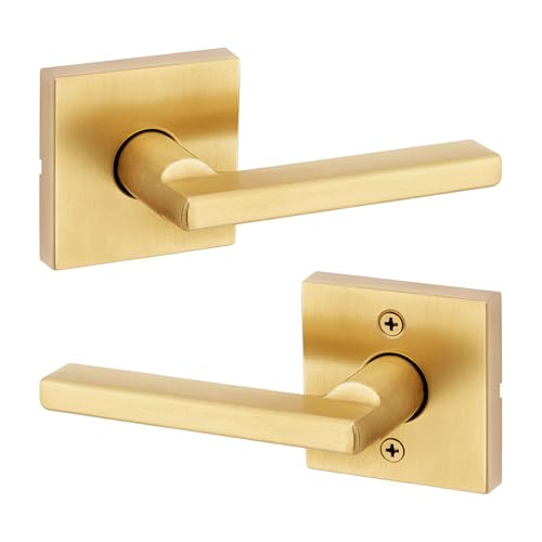 Image of Kwikset Halifax Slim Square Passage Door Lever, Modern Interior Hallway and Closet Door Handle, Non-Locking Reversible Leverset, Satin Brass Finish