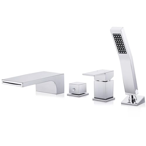 SHANFO 4 Loch Wannenrandarmatur Wasserfall, 4 Loch Badewannenarmatur mit Handbrause, Fliesenrandarmatur für Badewanne, Chrom, 10Y1OK