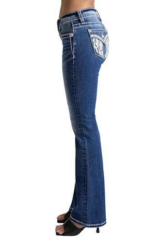 Miss Me Women's Golden V Wings Faux Flap Pockets Mid-Rise Bootcut Jeans3