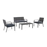 KONTE.DESIGN VALENCIA - Juego de salón de jardín con efecto de madera de color antracita, 1 sofá, 2 sillones y 1 mesa baja, cojines
