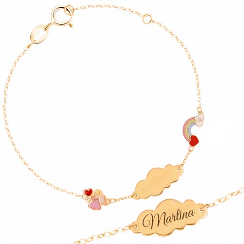 Pulsera de oro infantil grabable con ángel y arco iris de Sakrami
