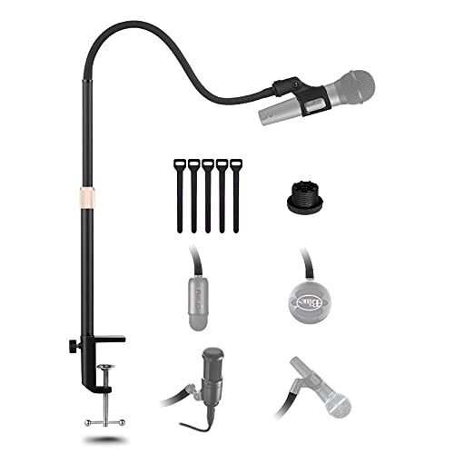 Microphone Stand-Mic Stand Desk Microphone Boom Arm Microphone Holder with Gooseneck Mic Clip 3/8" to 5/8" Screw Adapter 360 Adjustable for Blue Yeti Snowball Ice Spark and Other Mics