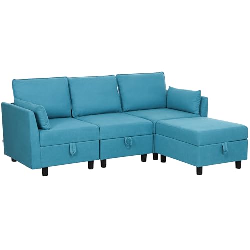 HOMCOM Divano Modulare Componibile con Pouf e Contenitori, Divano 3 Posti Angolare a L con Cuscini e Rivestimento in Flanella per Soggiorno, 213x156x88 cm, Blu