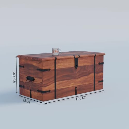 Image of Solid Sheesham Wood Trunk Box for Storage Wooden Center Coffee Table for Living Room Dcor | Multipurpose Wooden Center Table with Storage Box Cabinet with Iron Fittings | Honey Finish