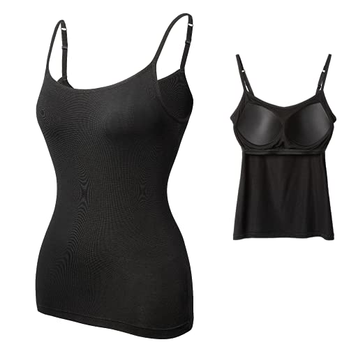 SHAPERIN Damen Spaghettiträger Unterhemd BH-Hemd Träger Top Mit Eingebauter Polster Shirt Hemdchen mit Pads Bügelloser Gepolstert Tank Tops 2/3/4er Pack Camisole Set,Schwarz,3XL Cover