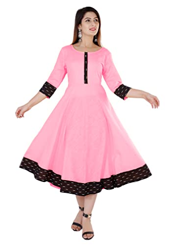 Image of Cotton Plain Black Parinted Lace Border Anarkali Dress Kurtis for Women - Not a Set with Dupatta or Pant