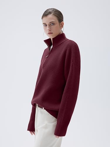 Image of SUUKSESS Women Cashmere Blend Oversized Quarter Zip Pullover Sweater Long Sleeve Collared Ribbed Knit Jumper Tops