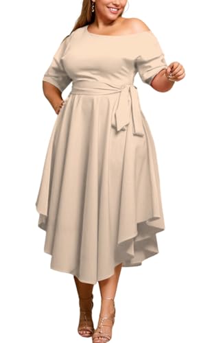 WUSENST Plus Size Dresses for Curvy Women Off Shoulder Boat Neck Irregularly Flowy Wedding Guest Dress Beige