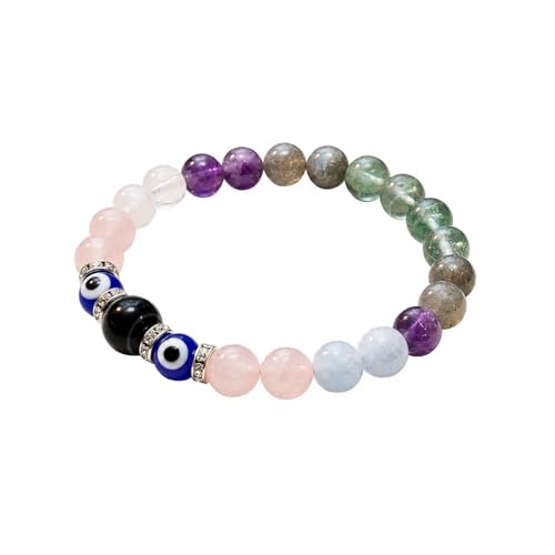 Image of Kumbh (Aquarius) Rashi Bracelet | Fluorite, Labradorite, Amethyst, Aquamarine, Rose Quartz, Evil Eye | Charm Symbolizing Wisdom, Creativity, Innovation & Balanced Energy | For Men & Women