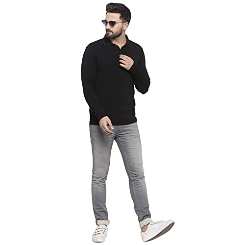 Image of Kalt Mens Basic Solid Full Sleeves Polo Cotton Blend Knitted Regular Fit Polo-Neck T-Shirts with Collar Stylish