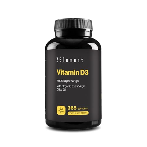 Vitamin D3 4000 IU, Full Year Supply, 365 Softgels | (Cholecalciferol), with Organic Extra Virgin Olive Oil | Bones, Muscles and Immune System | Soy Free, Non-GMO | Zenement