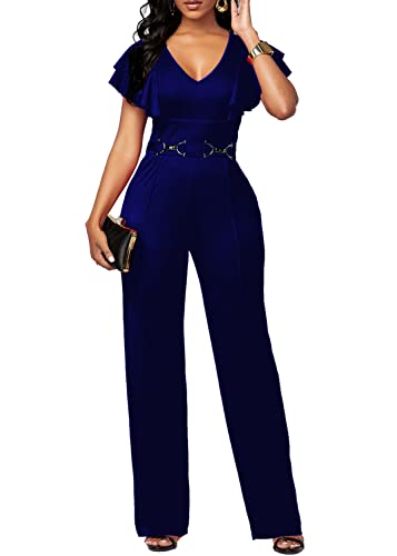 Jumpsuits For Women V-Neck High Waist Ruffled Sleeveless Romper Jumpsuit Loose Long Wide Pants, Darkblue #TOP3