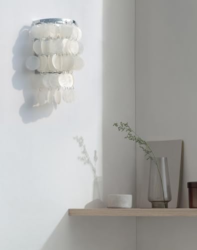Image of Battery Powered Sconces Wall Lighting Fixture with Nature White Shell Shades, Wireless Tiered Seashell Wall Mounted Lamp for Bedside Nightstand Light Bedroom Hallway