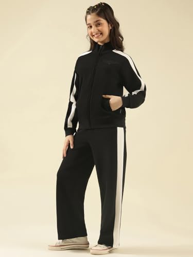 Image of Li'l Tomatoes Girls Solid Fleece Winter Track Suit | Zip-Up High Neck Jacket & Wide-Leg Track Pants | Casual Co-Ord Set | 9-16 Years