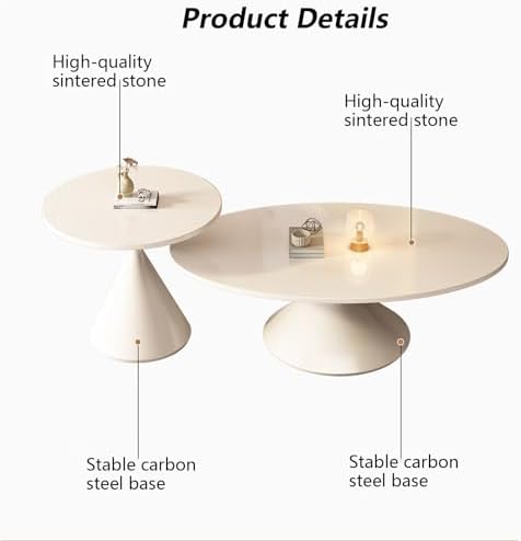 Nesting Coffee Table Set of 2 - Oval Rock Board Top with Hourglass Steel Base, Modern Small Center Tables for Living Room, Bedroom & Office, White & Black, 120cm + 50cm