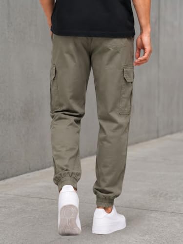 Image of Men's Cotton Cargo Pants | Cargo Trousers with Flap Buttoned Pocket | Elastic Waist Drawstring Casual Cargo Pants | Regular Fit Outdoor Travel Streetwear Bottom Wear