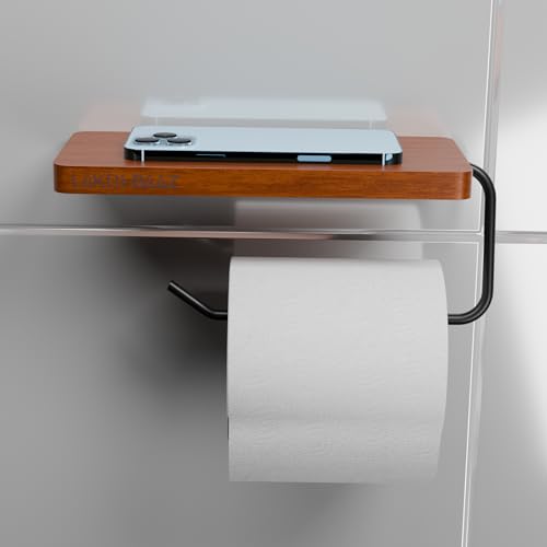 Image of Wooden Toilet Paper Holder with Phone Shelf for Bathroom - Matte Black Metal Tissue Roll Holder Wall Mount - Drill Only - Pack of 2 - Smartphone Shelf Organizer