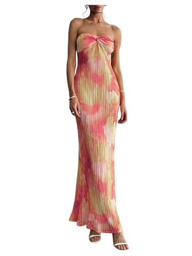 Floerns Women's Strapless Tie Dye Twist Front Tube Vacation Wedding Guest Maxi Dresses