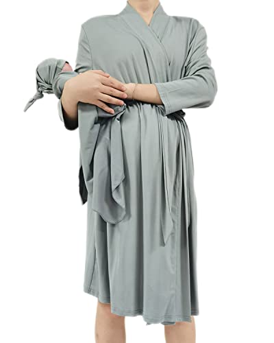 Image of SUFEINI Maternity Robe and Matching Baby Swaddle Blanket Set, Mommy Robe with Receiving Blanket Girls Boys Sleepwear