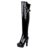 overknee stiefel lack MISSUIT Damen Lack Overkneestiefel High Heels Blockabsatz Boots Plateau Stiefel mit Schnallen und Reißverschluss(Schwarz,38)
