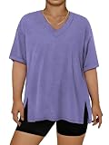 VISLILY Plus Size Womens Tops Fashion V-Neck Tees Casual Solid Color Clothes Spring Oversized Half Sleeve Tshirts 2X Light Purple