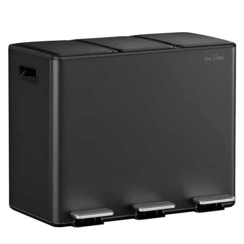 mVm Triple Kitchen Bin,45L Recycling Bin,3 Compartment Rubbish Bin,Stainless Steel Trio Section Food Waste Separation System with Plastic Inner Buckets and Handles,Soft Close,Large Trash Can