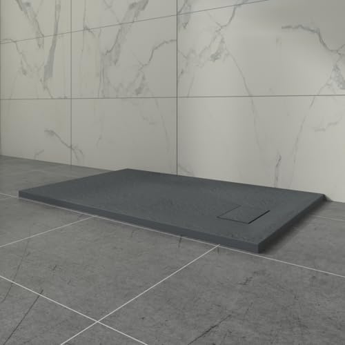 Aquariss Anthracite Rectangular Shower Tray Slate Effect SMC Slip-Resistant Shower Base for Bathroom Enclosures 1100x700mm with Waste