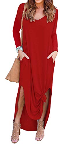 GRECERELLE Women's Casual Loose Pocket Long Dress Long Sleeve Split Maxi Dresses Red Small