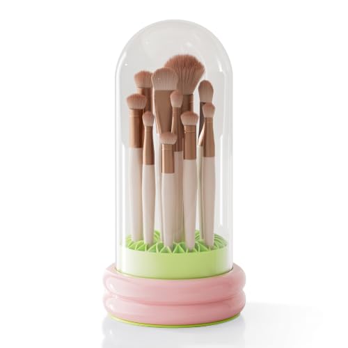 Image of Birch & Co. 4-in-1 Makeup Brush Holder Organizer with Dustproof Lid,Silicon Brush Cleaning Mat & Hanging Drying Rack, Portable Makeup Organisers Case for Sponges, Puffs & Brushes, Pink & Green