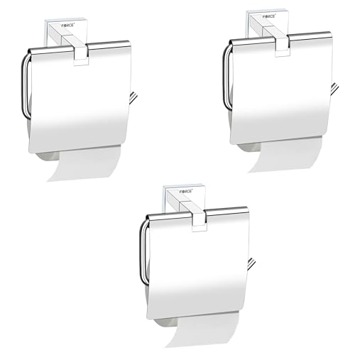 Image of Force Toilet Paper Holder with Shelf - Pack of 3 - Wall Mounted Stainless Steel 304 - Square Brass Base - Brushed Chrome Finish - Rustproof Bathroom Tissue Roll Holder with Storage Shelf