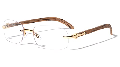 Lancaster Rimless Oval Clear Lens Horseshoe Hinge Wood Temple Sunglasses M4009-CLR