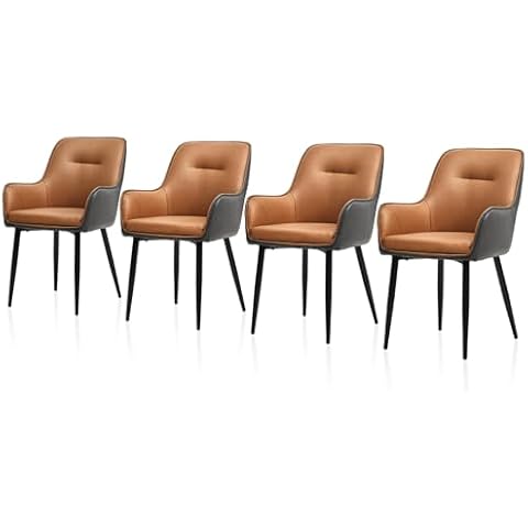 TUKAILAi Modern Design Dining Chairs Set of 4, Faux Leather Accent Chairs with Cushioned Seat, Arms, Backrest and Metal Legs, Upholstered Lounge Leisure Living Room Reception Armchairs (Brown + Grey) Cover