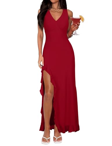 Image of Lingswallow Women Sexy V Neck Sleeveless Mesh Cocktail Long Dresses Spring Wedding Guest Bodycon Ruffle Hem High Slit Maxi Dress Formal Party Club Garden Going Out Trendy 2025 Casual Summer Wine-red