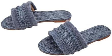 Womens Raffia Sandals Straw Woven Flats Fringe Crochet Nonslip Comfy Beach Slides for Summer 8.5,Blue