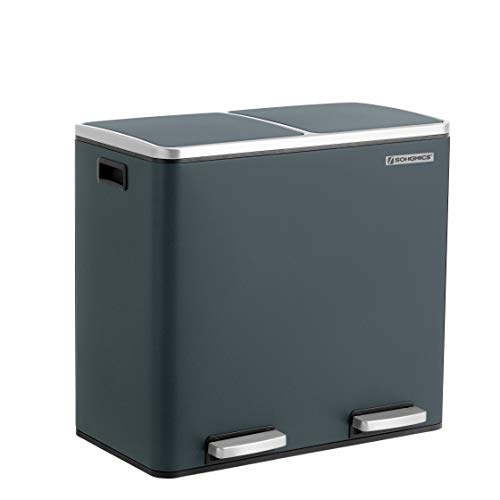 SONGMICS Dual Rubbish Bin, Metal Recycling Bin with 15 Rubbish Bags, 2-Compartment, with Lids, Pedals, Plastic Inner Buckets, Soft Closure, 2 x 6.3 Gallons (2 x 24 L), Greenish Grey LTB48GS