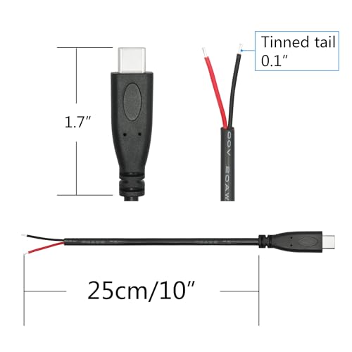 Image of Short USB C to 2 Pin Bare Wire Open End Power Cable 10inch, 20AWG 5V USB Type C Male Plug 2 Pin Pigtail Cable, for USB Type C Equipment Installed or Replacement Repair DIY Cable
