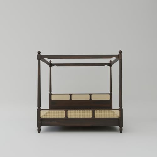 Image of King Size Four Poster Bed Sheesham Wood, Wooden Double Bed Cot, Solid Wood Bed Furniture for Bedroom (Rattan-Walnut-King) 1 Year Warrenty