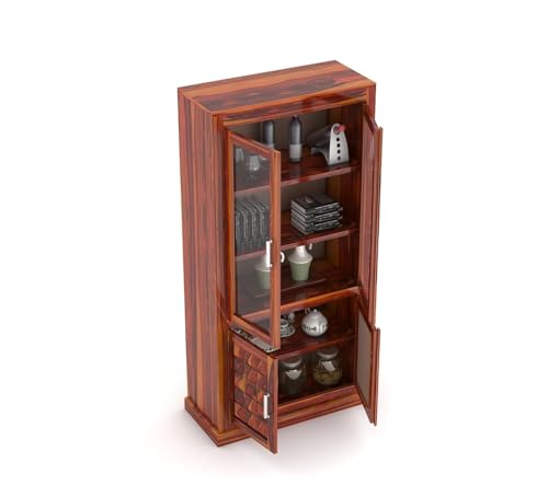 Image of Sheesham Wood Bookshelf with Glass Door for Home Library Solid Wood Bookcase Wooden Crockery Cabinet for Kitchen Book Shelf (Natural Finish)