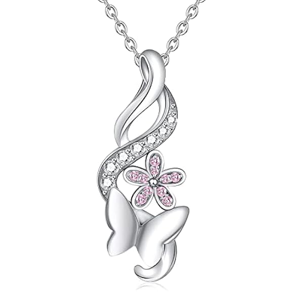 Collar de mariposa de plata de ley 925 para mujer con colgante de flor, regalo para mamá, novia, niña, mujer, Plata esterlina, Circonia cúbica