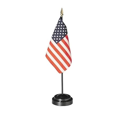 USA Desk Flag with Base; American Made Rayon 4x6 inch Miniature Table Set Includes One Small Mini Country Stick Flags and One Black Stand (USA Desk Flag and Base)