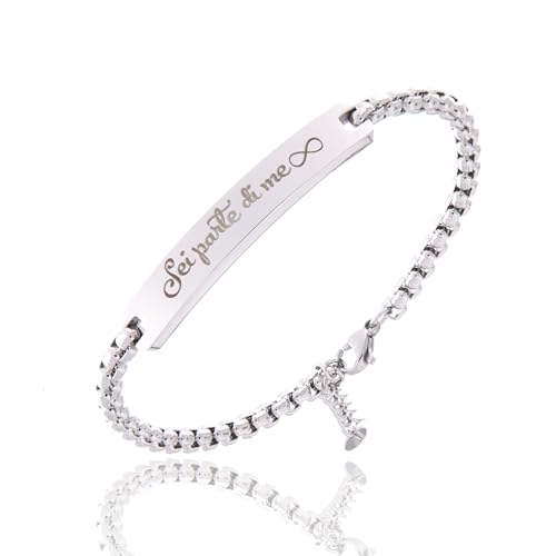 Bracciale in acciaio con terghetta con INCISIONE INCLUSA con nome frase dedica. Possibilità di aggiungere cofanetto in polistirolo personalizzabile