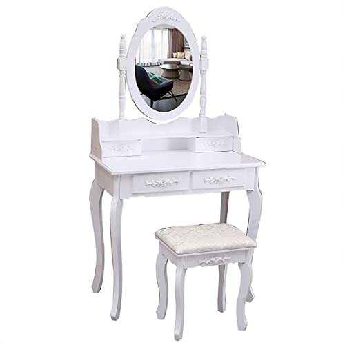 GGXX WeißEr Schminktisch Advanced Light Luxus Einzelspiegel Gebogene Beine Schlafzimmer Schminktisch Trendiger Weiblicher Schminktisch Mit Hocker Cover